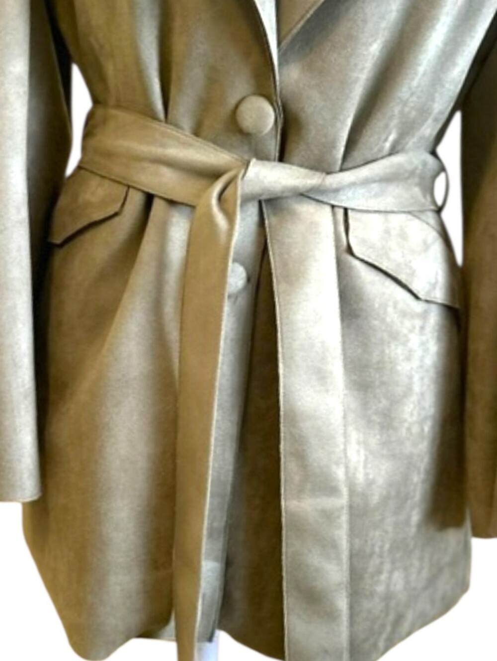 Solitaire Sage Green Faux Suede Belted Blazer Jacket Puff Sleeve Button Front LG - Picture 4 of 16